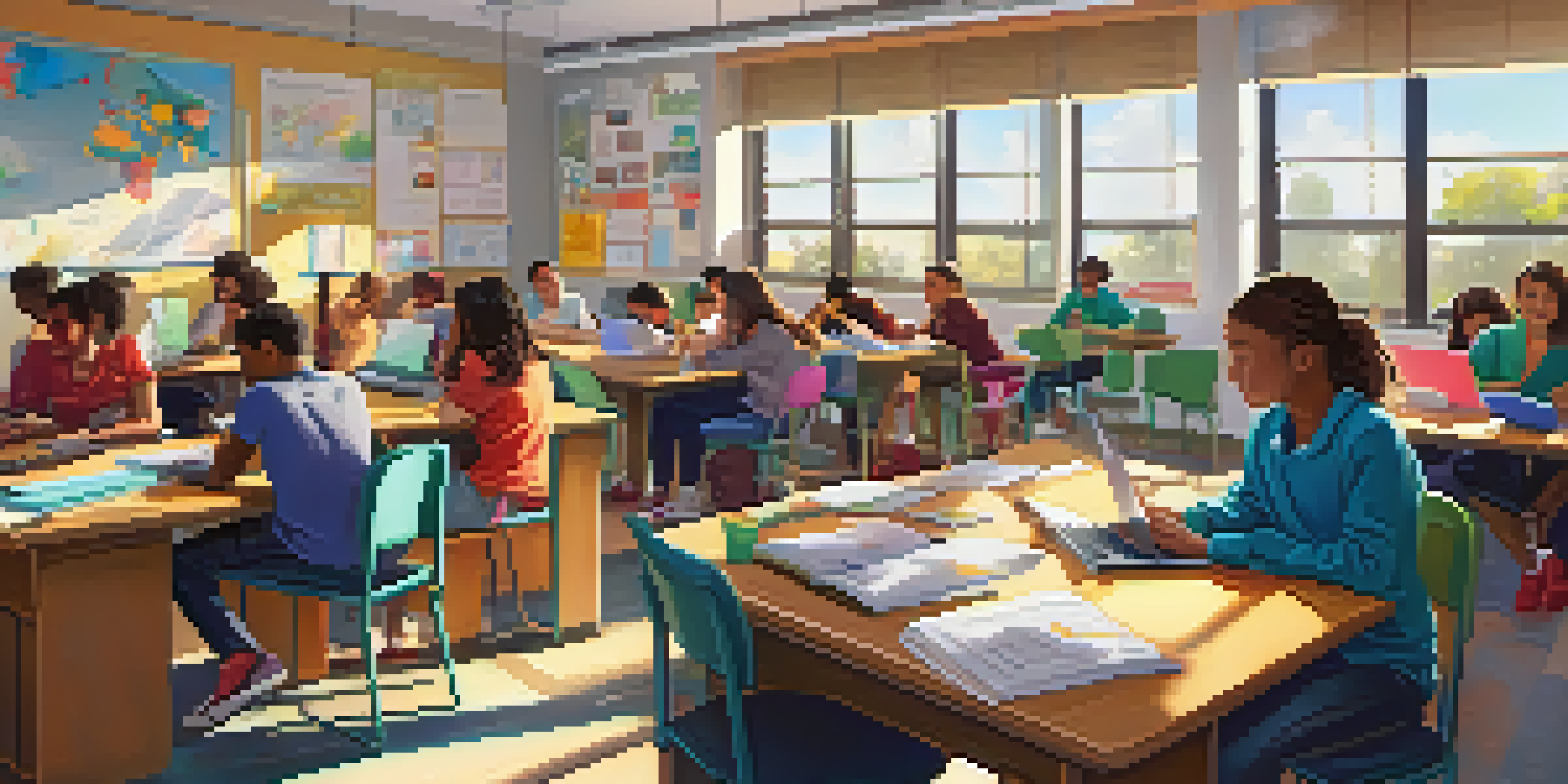 A lively classroom where students are collaborating on laptops, surrounded by educational posters and bathed in warm sunlight.