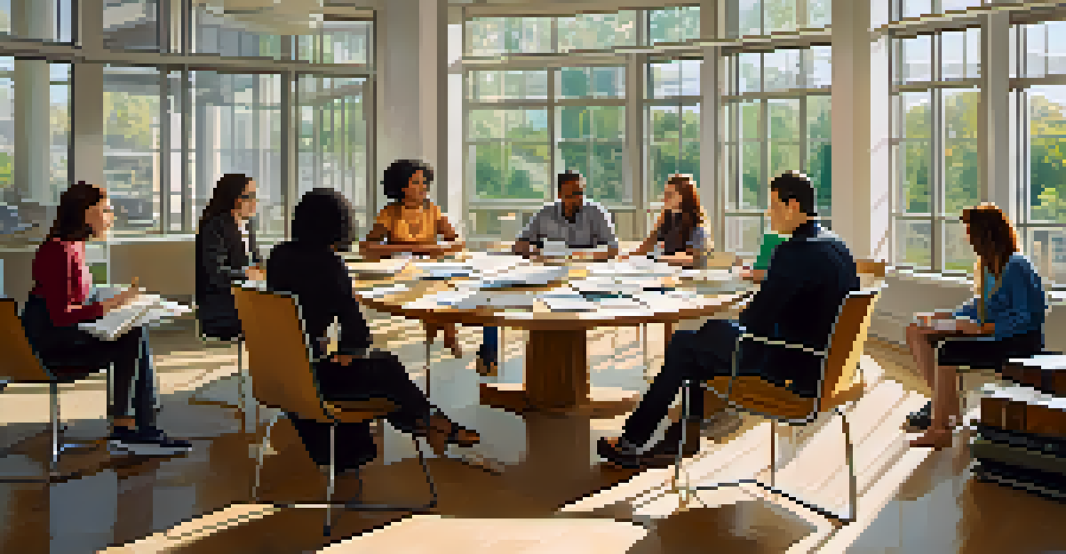 A diverse group of adults discussing around a table with notebooks and laptops in a bright, modern room.