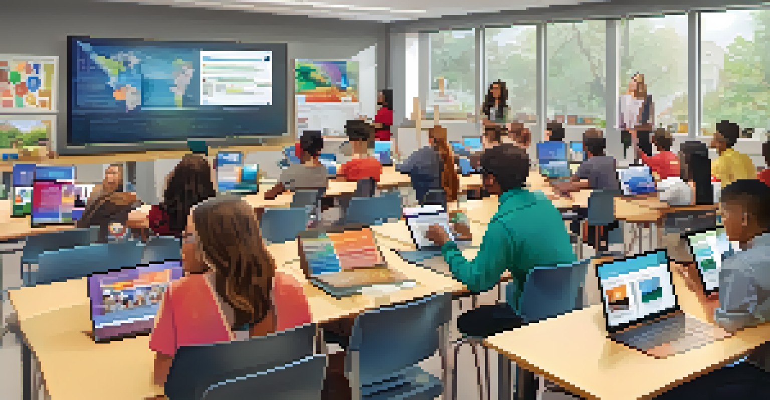 A modern classroom with adult learners using technology and engaging in a video conference.