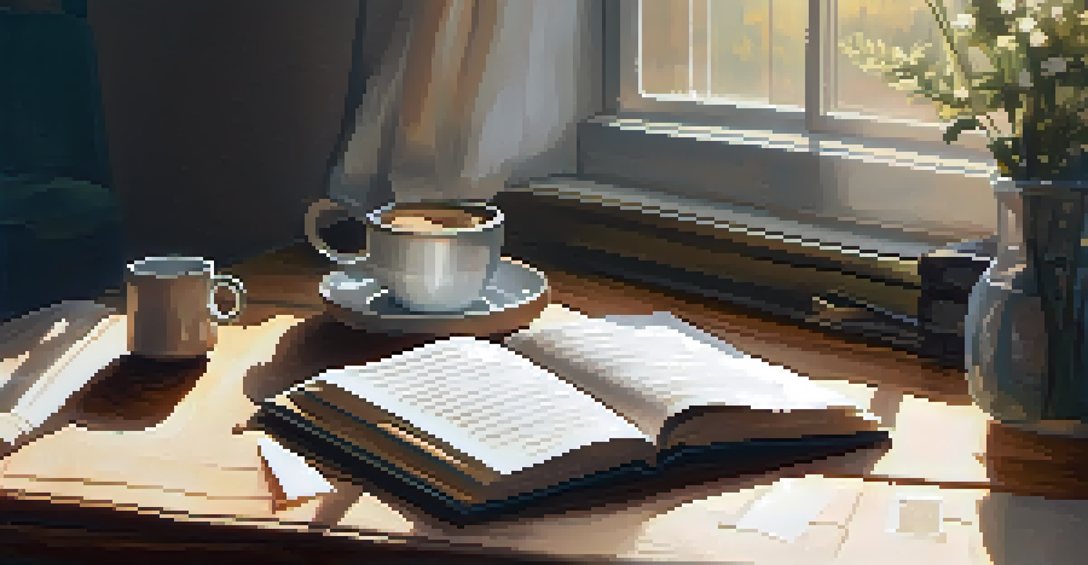 A cozy workspace with a journal and a cup of coffee on a wooden desk, illuminated by soft morning light.