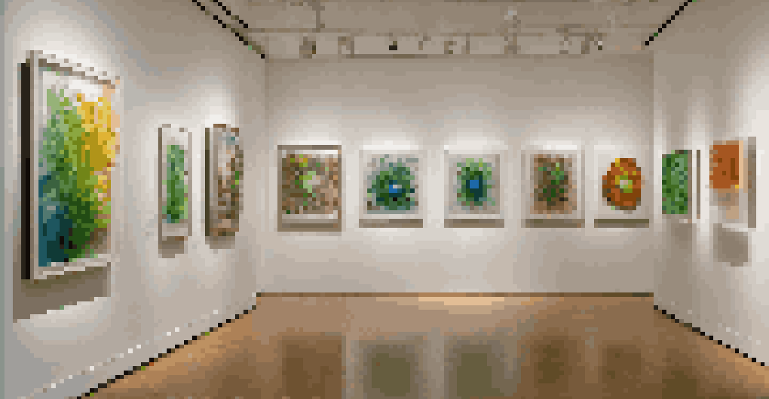 A gallery displaying living sculptures and abstract paintings, symbolizing the connection between art and science.