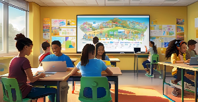 A classroom with students using laptops and tablets for a collaborative project, surrounded by colorful posters and warm lighting.