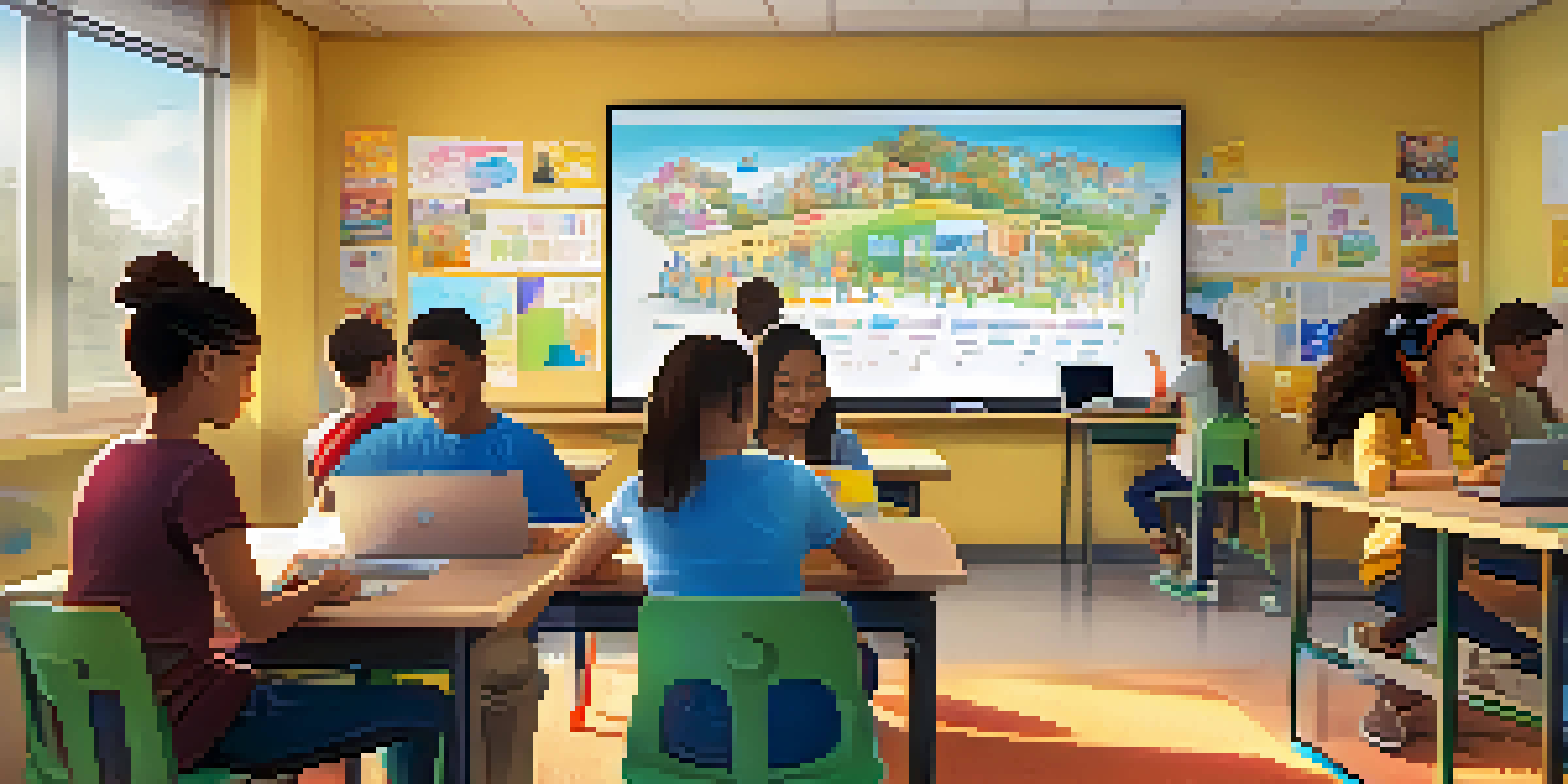 A classroom with students using laptops and tablets for a collaborative project, surrounded by colorful posters and warm lighting.