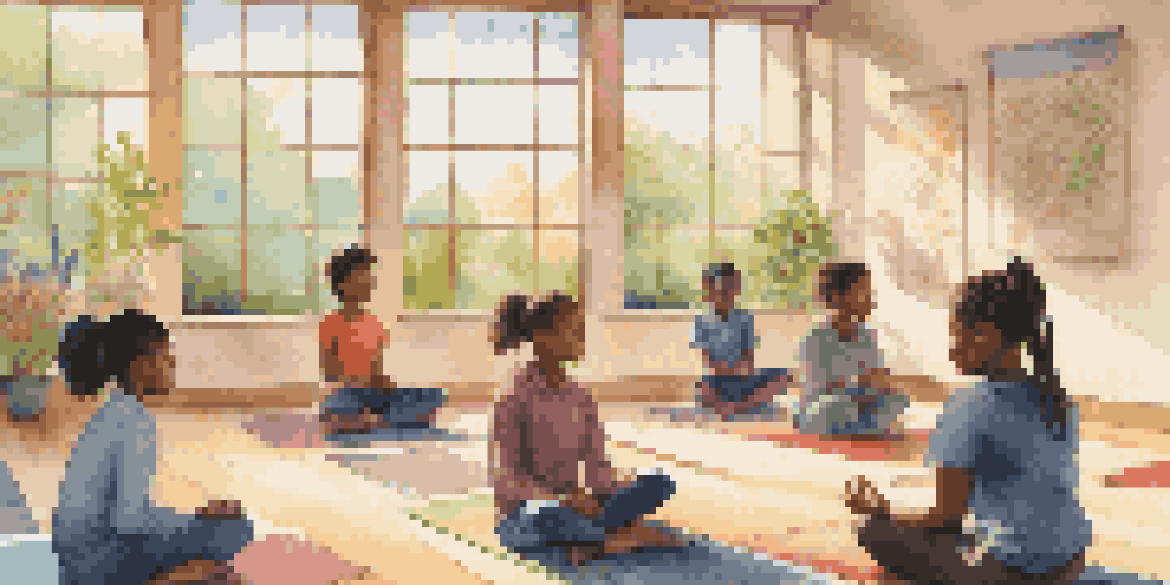 A tranquil classroom with students practicing mindful breathing, illuminated by soft sunlight, surrounded by inspirational quotes and a view of a lush garden.
