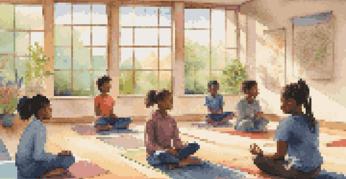 A tranquil classroom with students practicing mindful breathing, illuminated by soft sunlight, surrounded by inspirational quotes and a view of a lush garden.