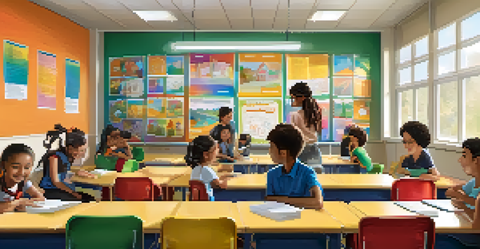 A lively classroom scene with students of diverse backgrounds participating in a group activity, surrounded by colorful decorations and sunlight pouring in through the windows.