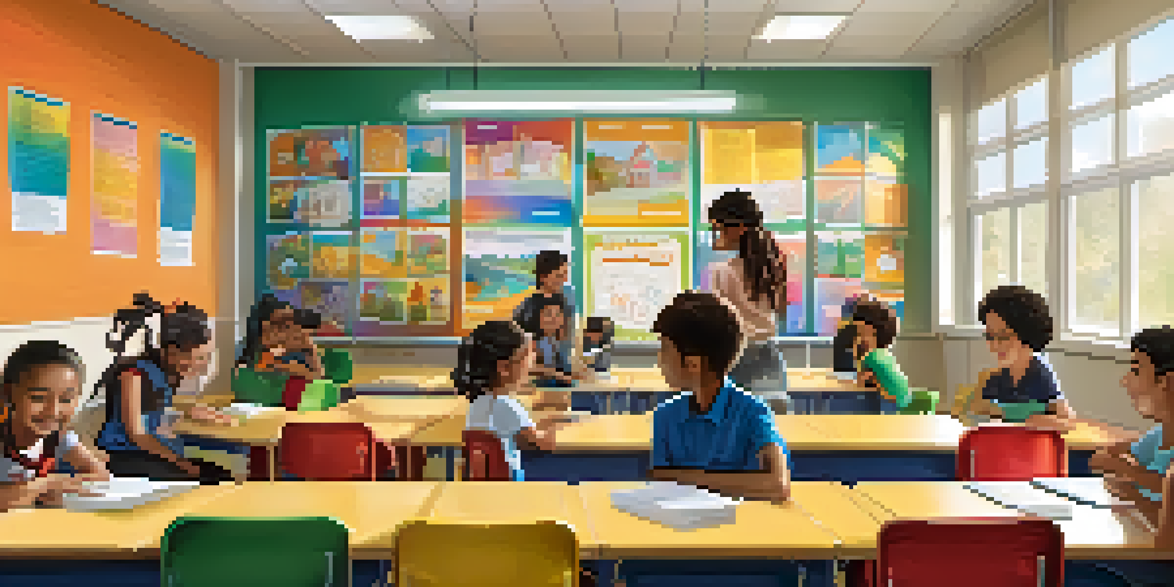 A lively classroom scene with students of diverse backgrounds participating in a group activity, surrounded by colorful decorations and sunlight pouring in through the windows.