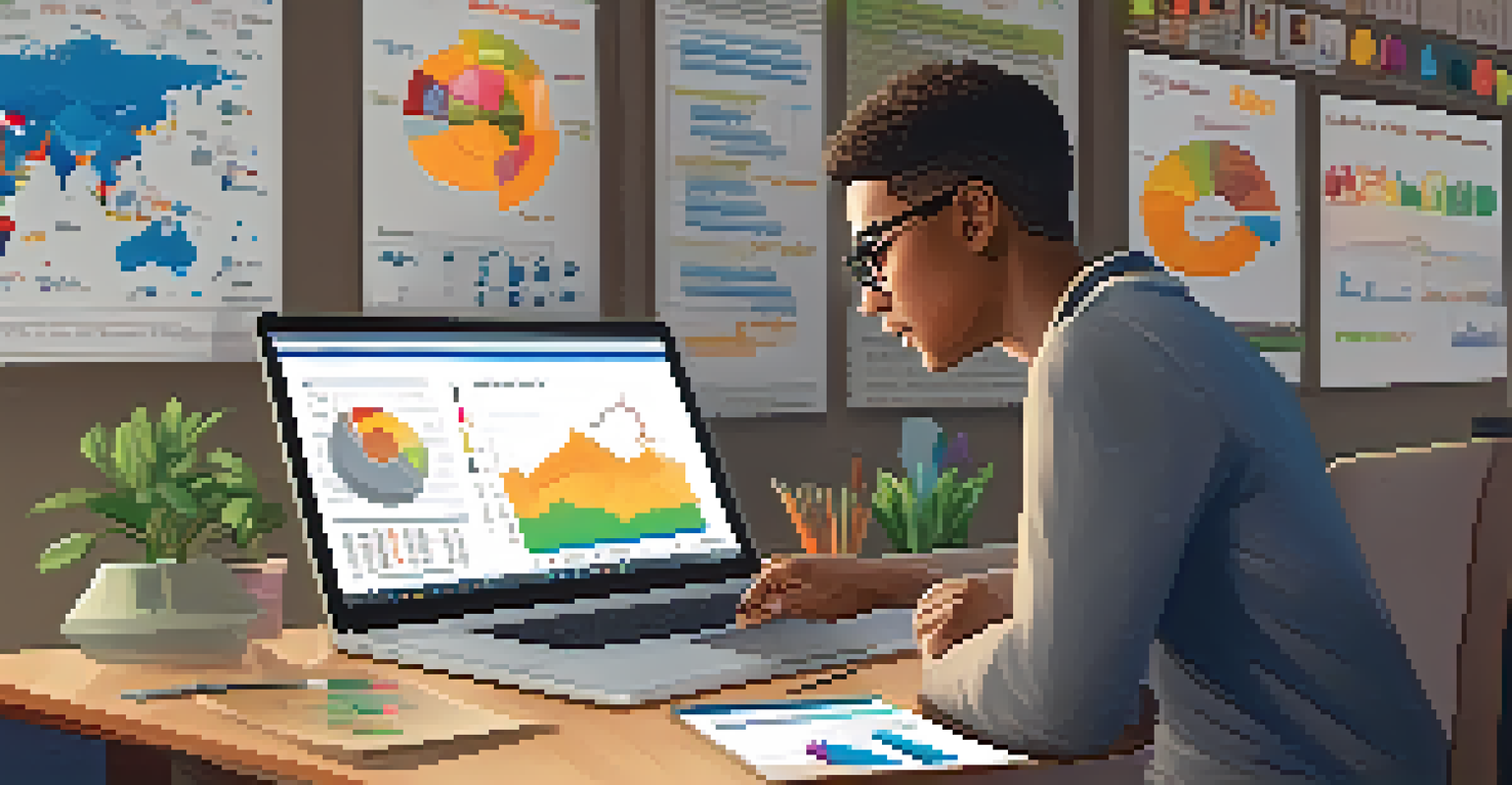 A teacher reviewing data on a laptop in a well-organized classroom, with visuals of graphs on the screen and a warm, inviting environment.
