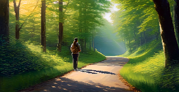 A winding road through a lush green forest with golden sunlight filtering through the leaves, and a person holding a map, symbolizing self-directed learning.