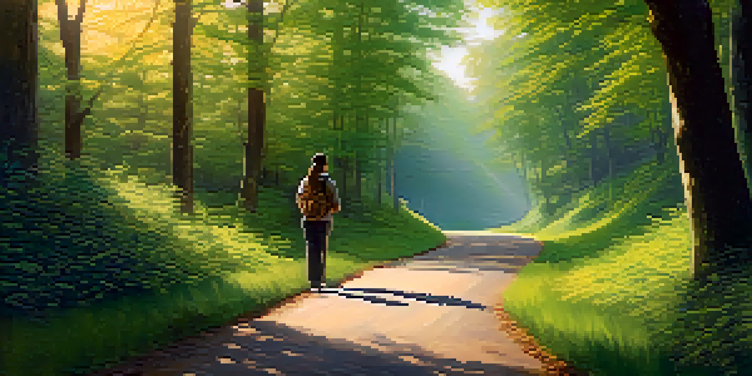 A winding road through a lush green forest with golden sunlight filtering through the leaves, and a person holding a map, symbolizing self-directed learning.