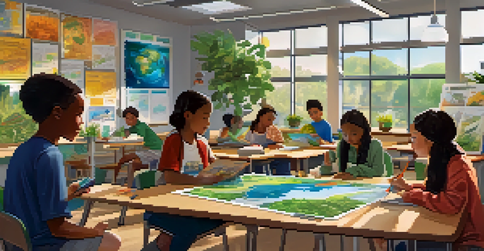 A lively classroom with students from diverse backgrounds working together on a climate change project, featuring colorful educational materials and sunlight pouring in from the windows.