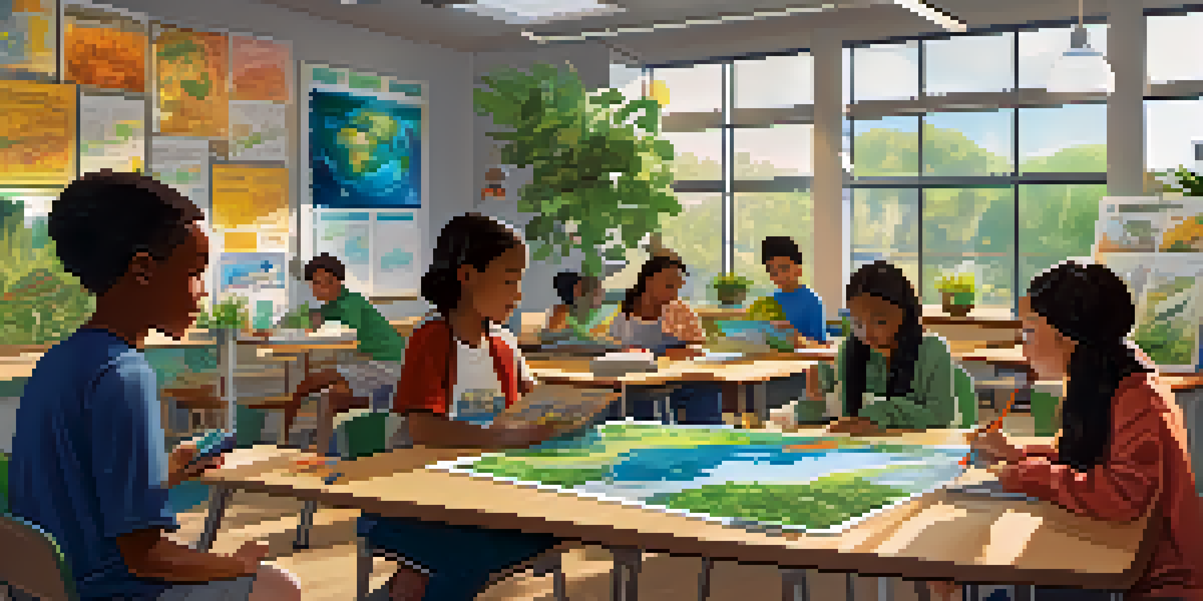 A lively classroom with students from diverse backgrounds working together on a climate change project, featuring colorful educational materials and sunlight pouring in from the windows.