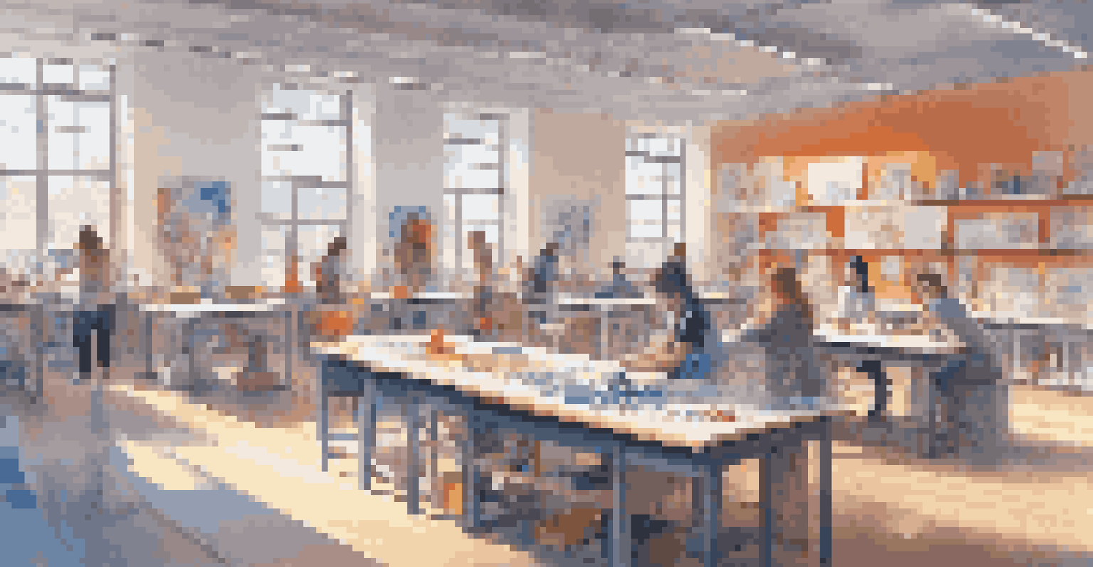 Students in an art classroom using 3D printing technology to create colorful sculptures, with art supplies around them.