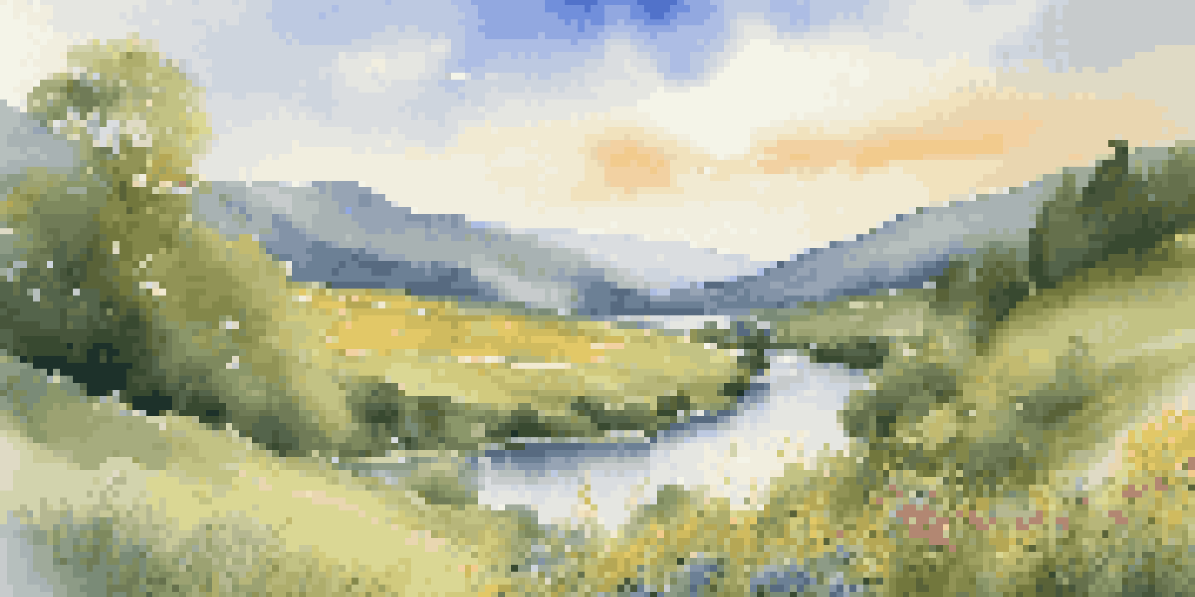 A winding river in a green valley surrounded by wildflowers under a bright blue sky with clouds.