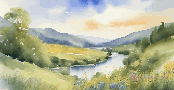A winding river in a green valley surrounded by wildflowers under a bright blue sky with clouds.