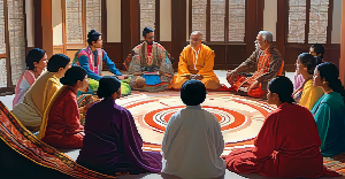 A diverse group of individuals from various cultures sitting in a circle, engaged in discussion, with traditional attire and a warm, inviting room in the background.