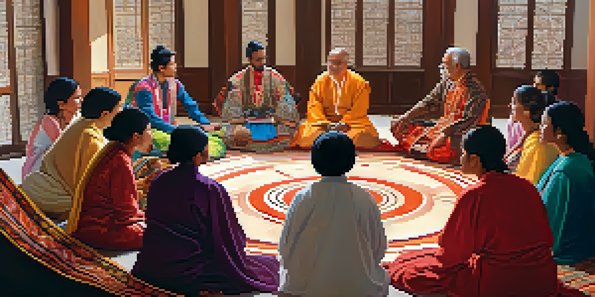 A diverse group of individuals from various cultures sitting in a circle, engaged in discussion, with traditional attire and a warm, inviting room in the background.