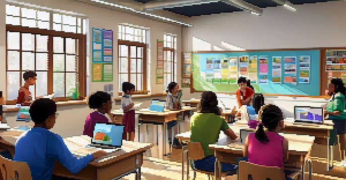 A colorful classroom with diverse students participating in different learning activities, featuring open badges on laptops and a bulletin board.