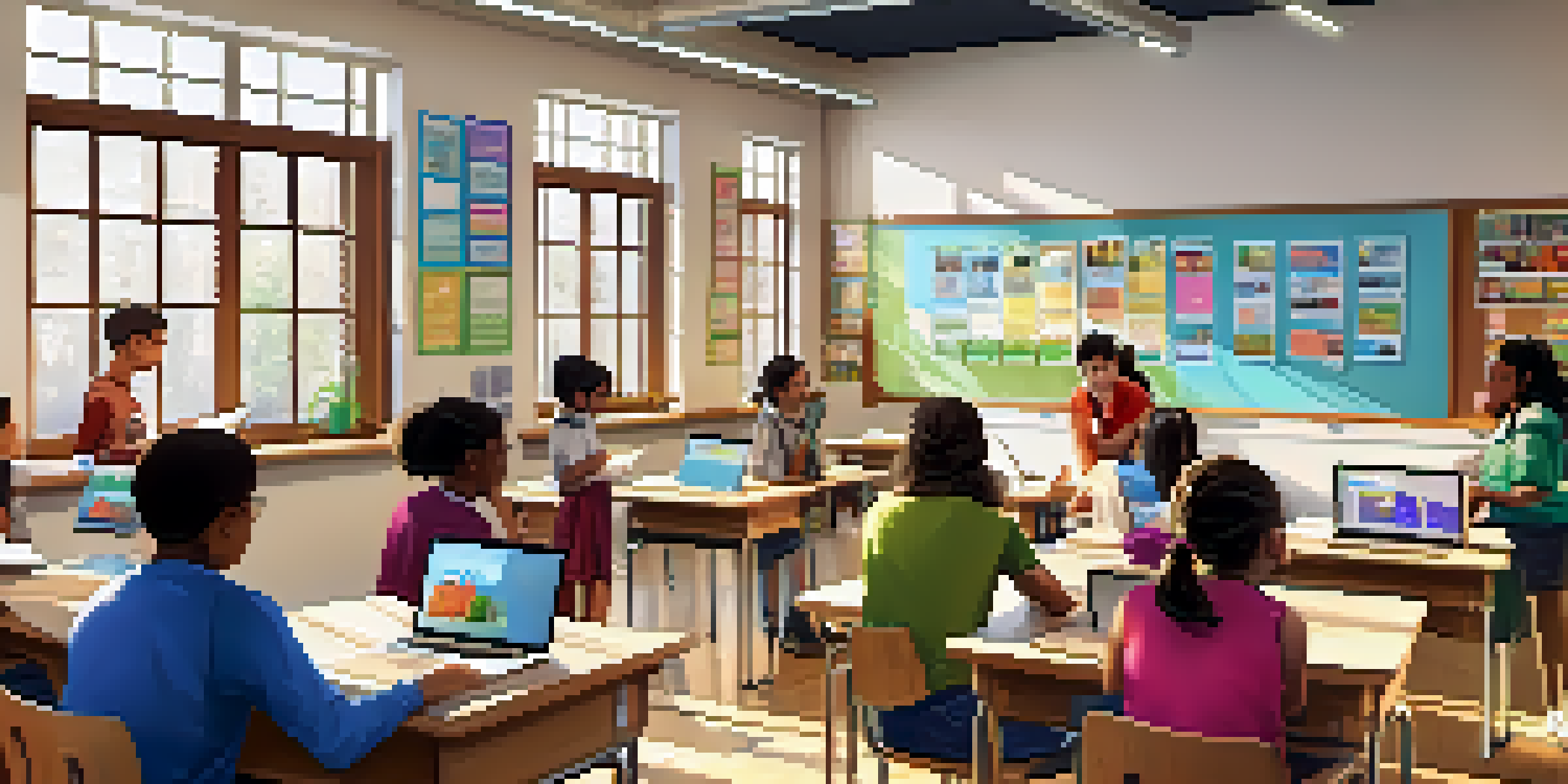 A colorful classroom with diverse students participating in different learning activities, featuring open badges on laptops and a bulletin board.