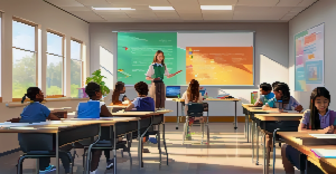 A vibrant classroom scene with diverse students using laptops and a teacher guiding them, emphasizing an inclusive learning environment.