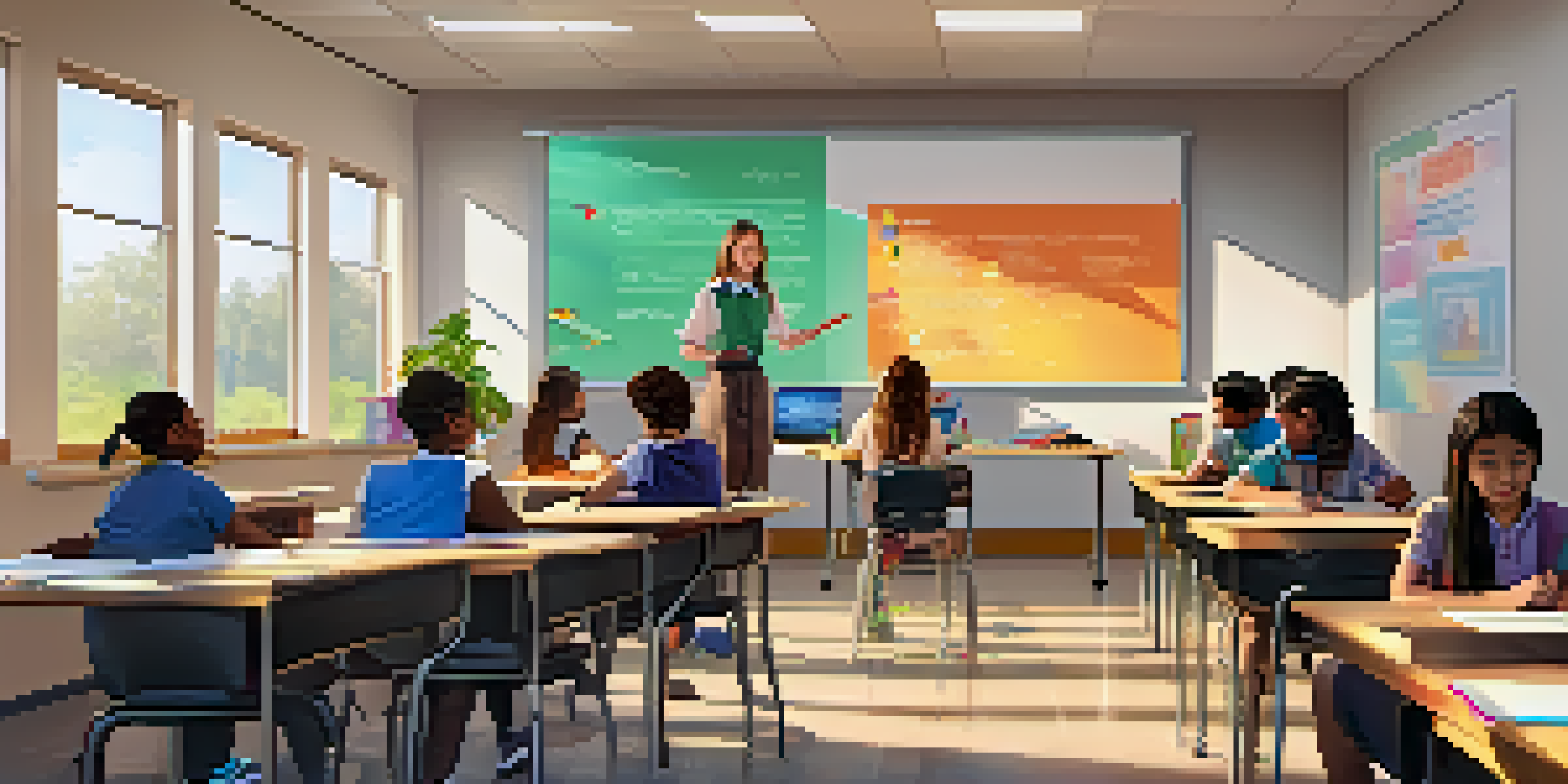 A vibrant classroom scene with diverse students using laptops and a teacher guiding them, emphasizing an inclusive learning environment.