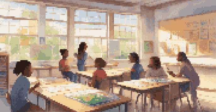 A vibrant classroom with sunlight, a teacher guiding engaged students collaborating on a project.