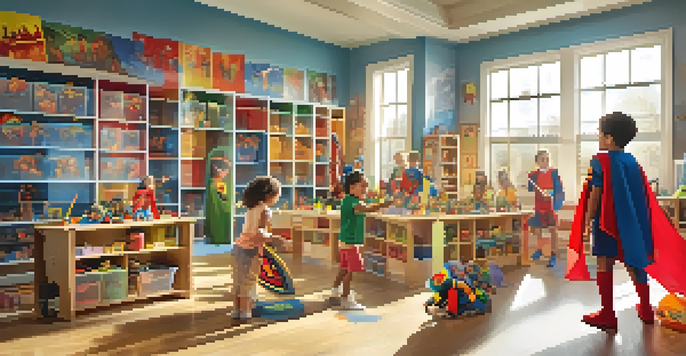 A lively classroom with children dressed as superheroes, playing and interacting with colorful toys and books.