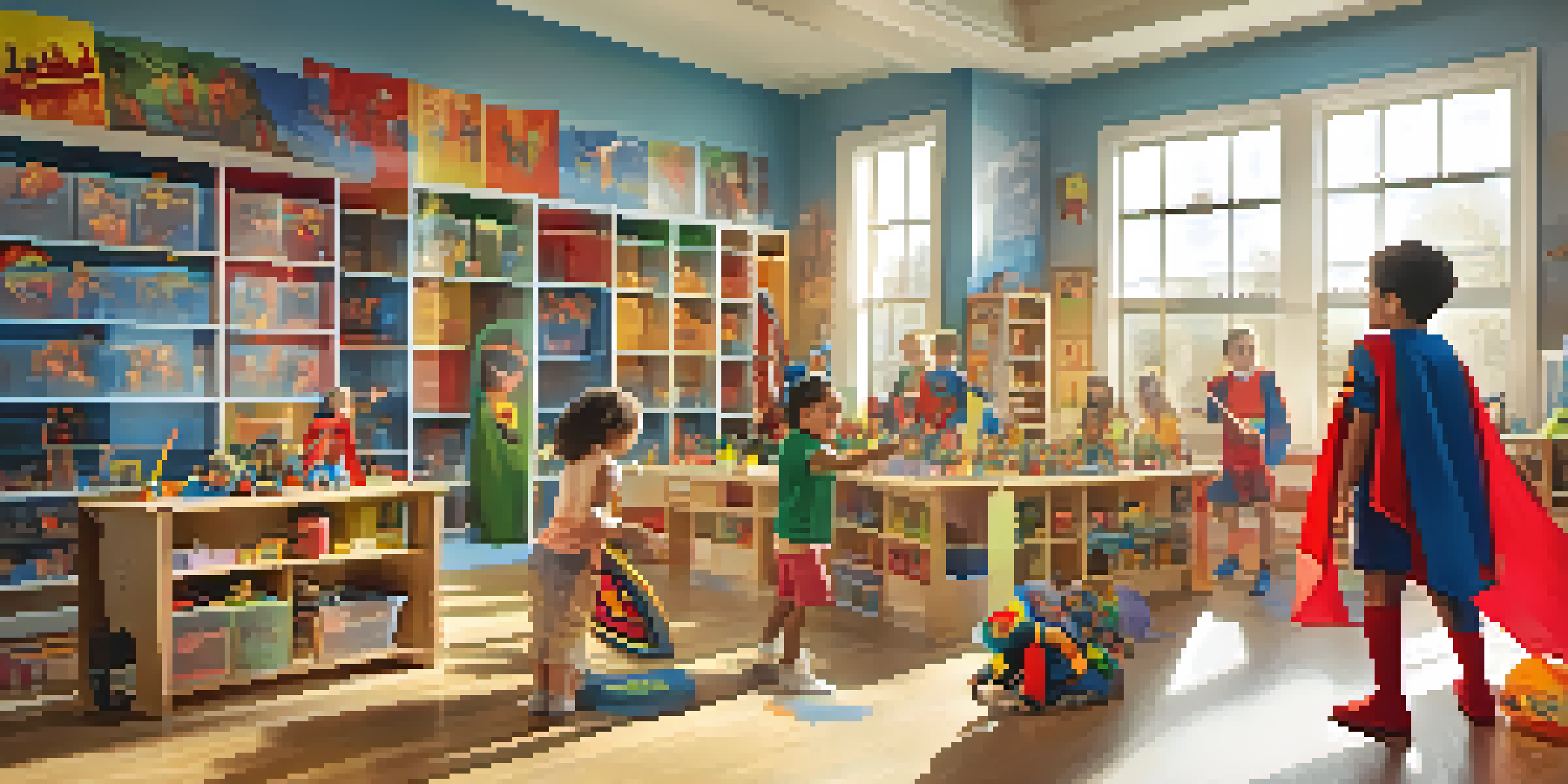 A lively classroom with children dressed as superheroes, playing and interacting with colorful toys and books.