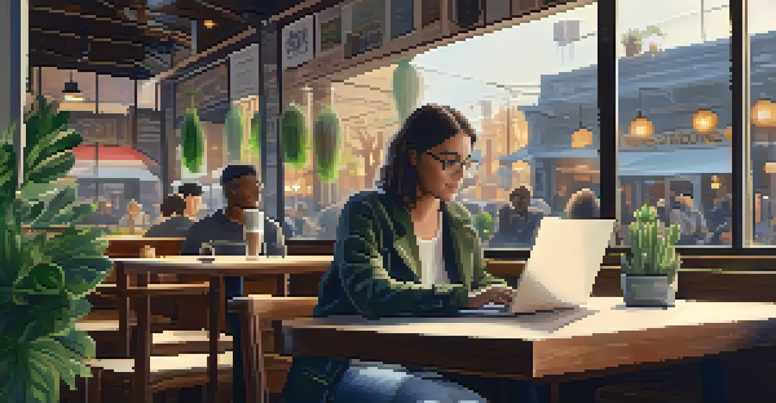 A person studying on a laptop in a warm and inviting café, surrounded by other patrons and a cozy atmosphere.
