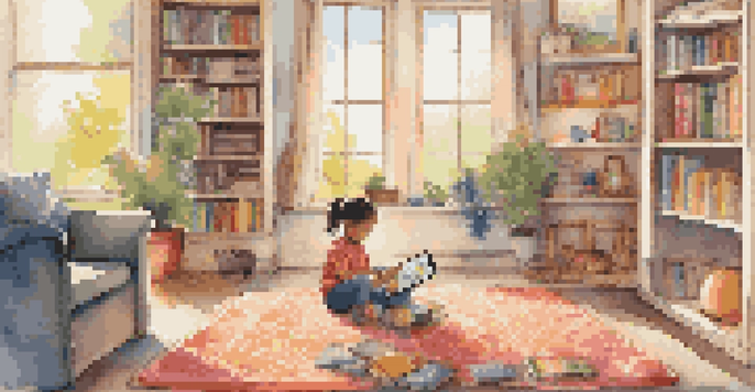 A child sitting on a colorful rug in a cozy living room, using a tablet with educational posters and books in the background.