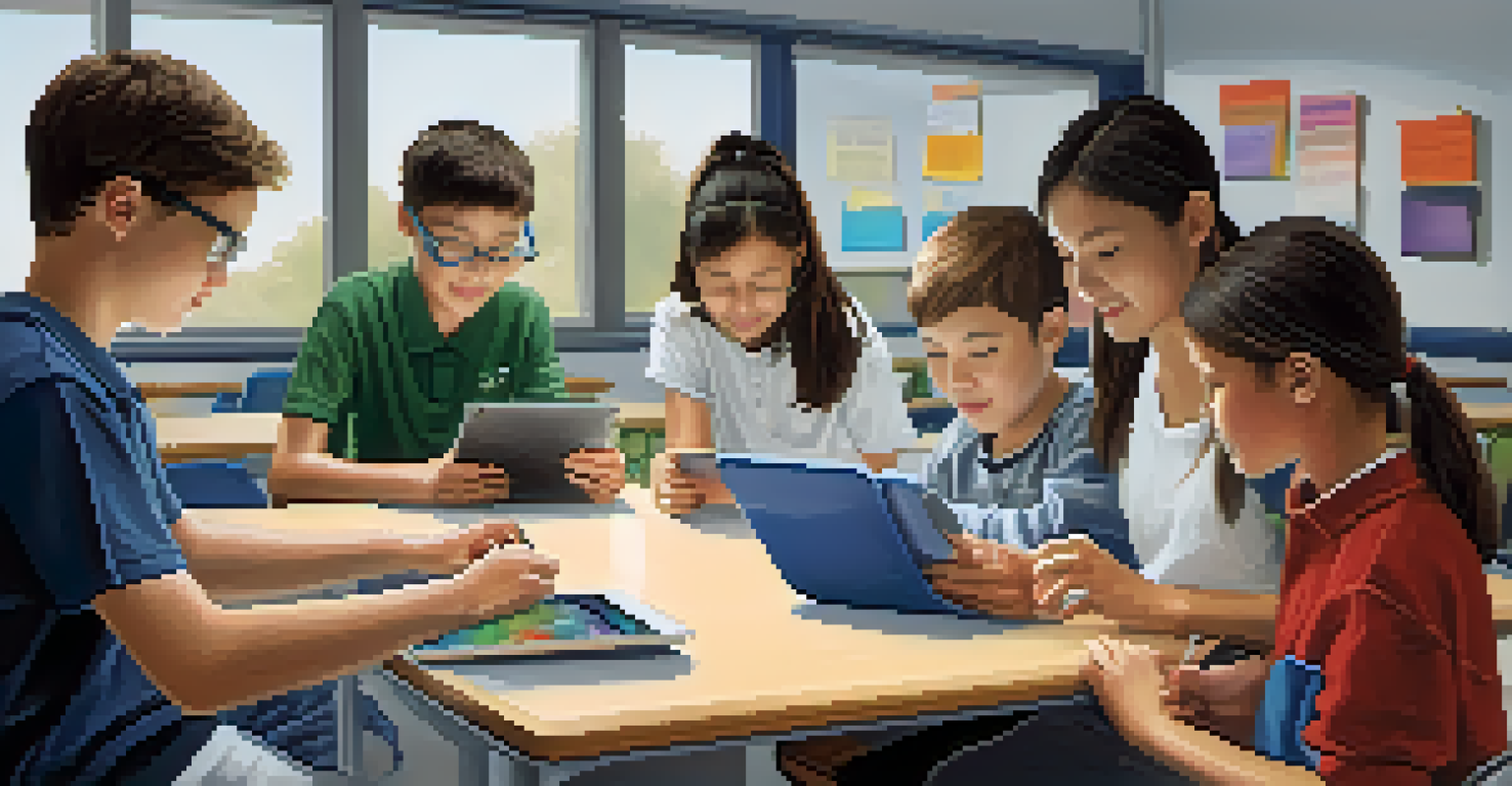 A teacher assisting a student with a tablet, while other students interact in a group setting, illustrating the balance of technology and personal engagement.
