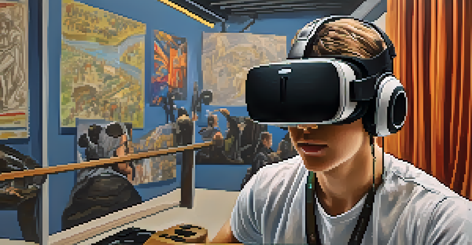 A student wearing a VR headset, surrounded by a dynamic historical scene, highlighting immersive learning experiences.