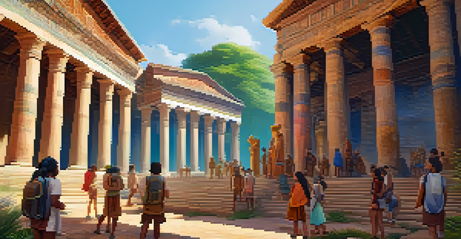 Students interacting with a virtual reality scene of an ancient civilization, surrounded by detailed ruins and holographic teachers.