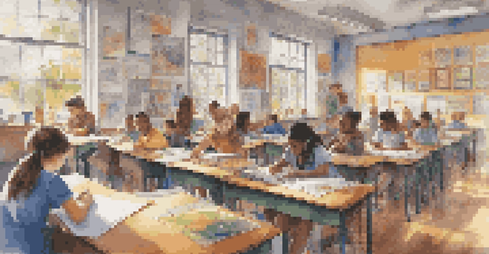 A bright classroom with students of different backgrounds collaborating on projects, surrounded by educational posters and natural light.