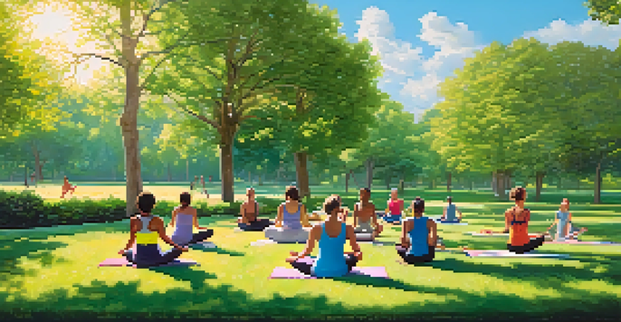 A diverse group of people exercising in a sunny park, engaging in running, cycling, and yoga amidst lush greenery.