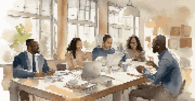 A group of diverse professionals collaborating in a bright and inviting meeting room, sharing ideas and engaging with each other.