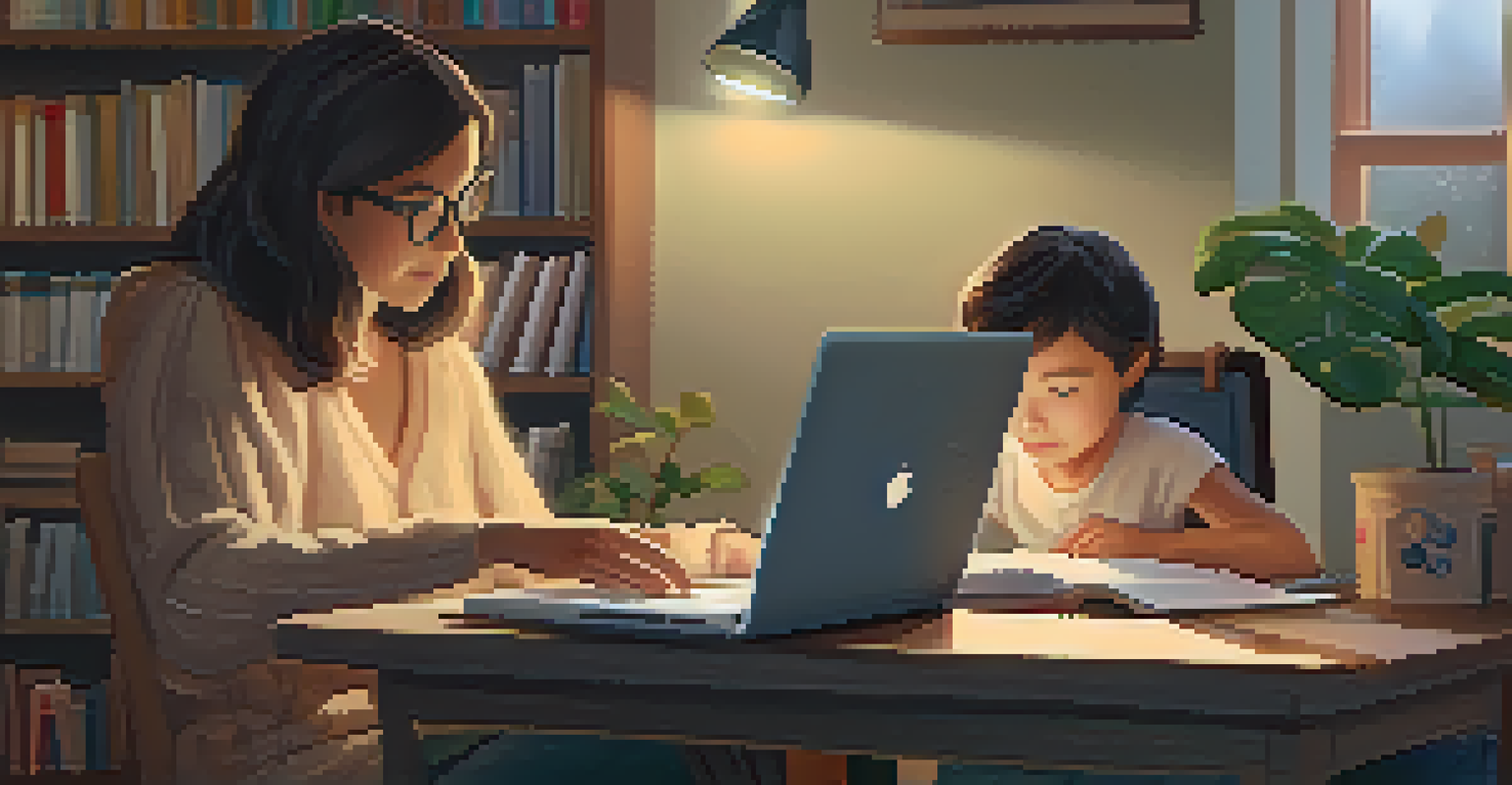 A parent assisting their child with digital assessments on a laptop in a cozy home study, surrounded by books and warm lighting.