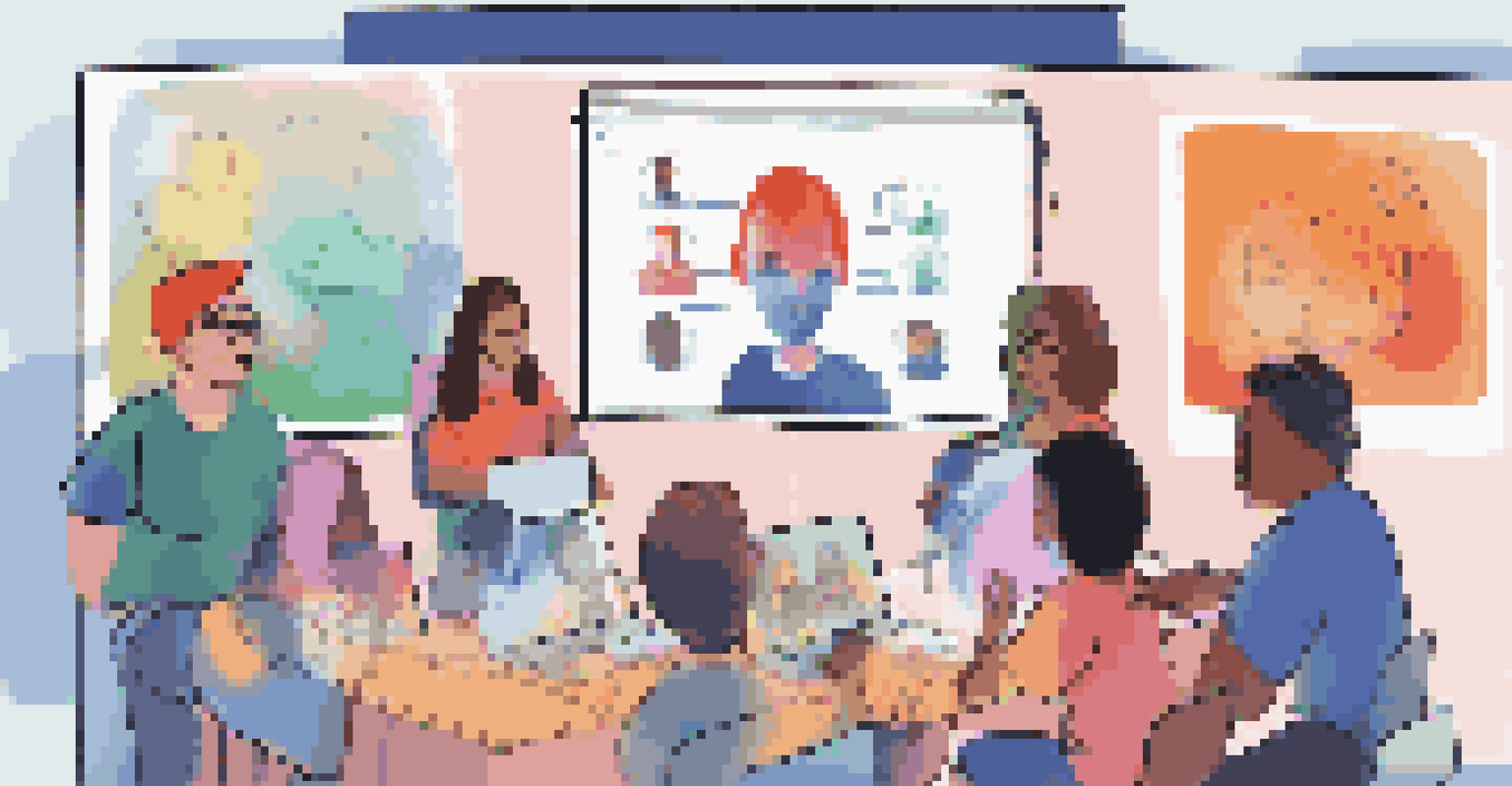 A virtual meeting with diverse learners collaborating on a digital platform, sharing ideas with colorful graphics and illustrations on the screen.
