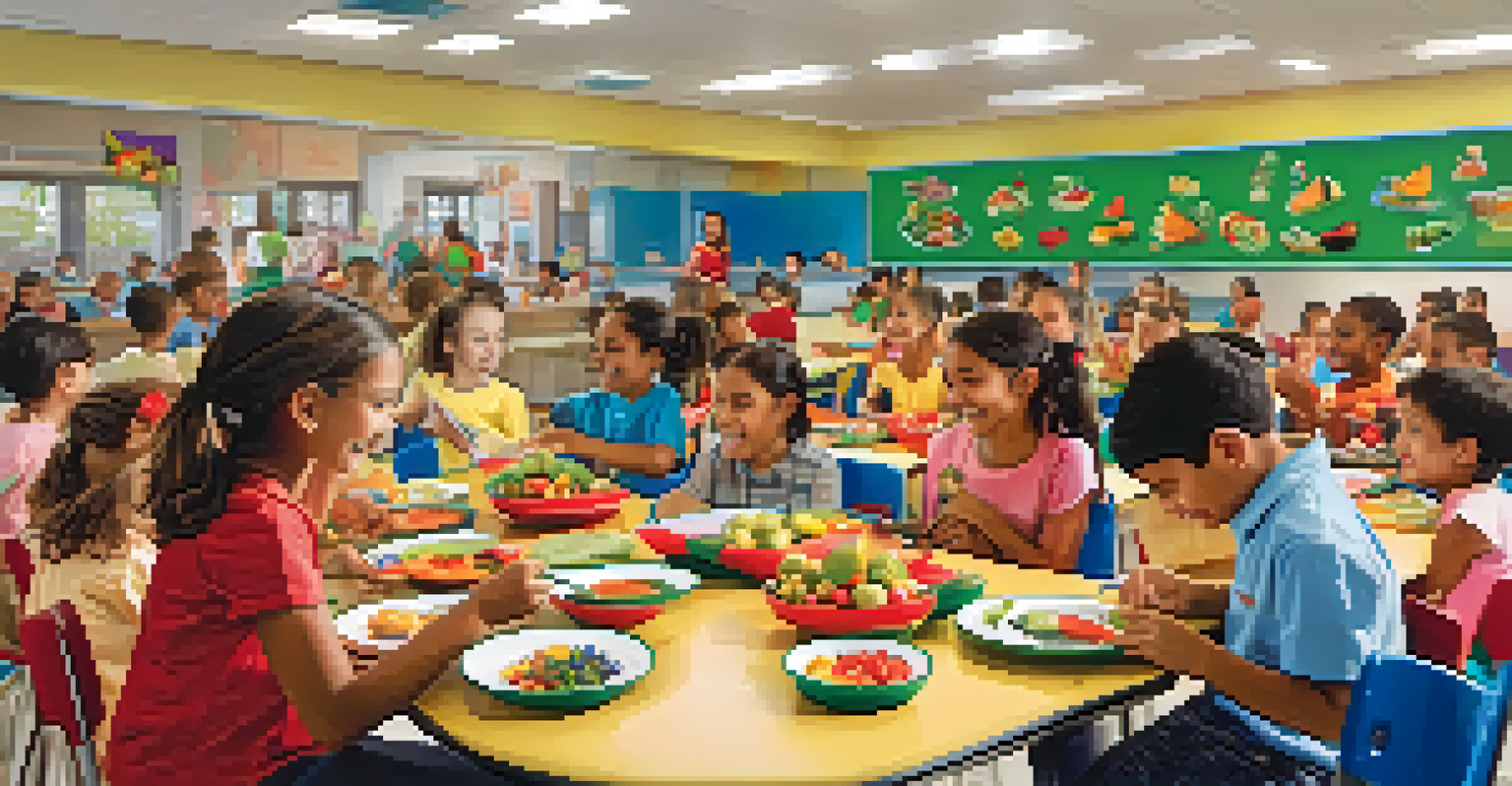 A lively school cafeteria filled with children happily eating healthy meals, promoting nutrition and cognitive development.