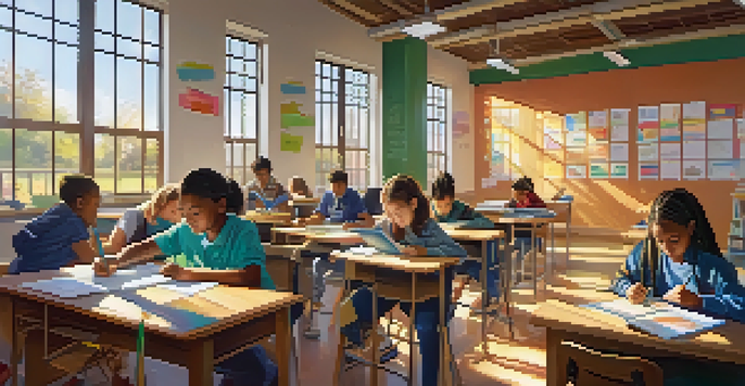 A lively classroom with diverse students using tablets and collaborating on projects, illuminated by sunlight.