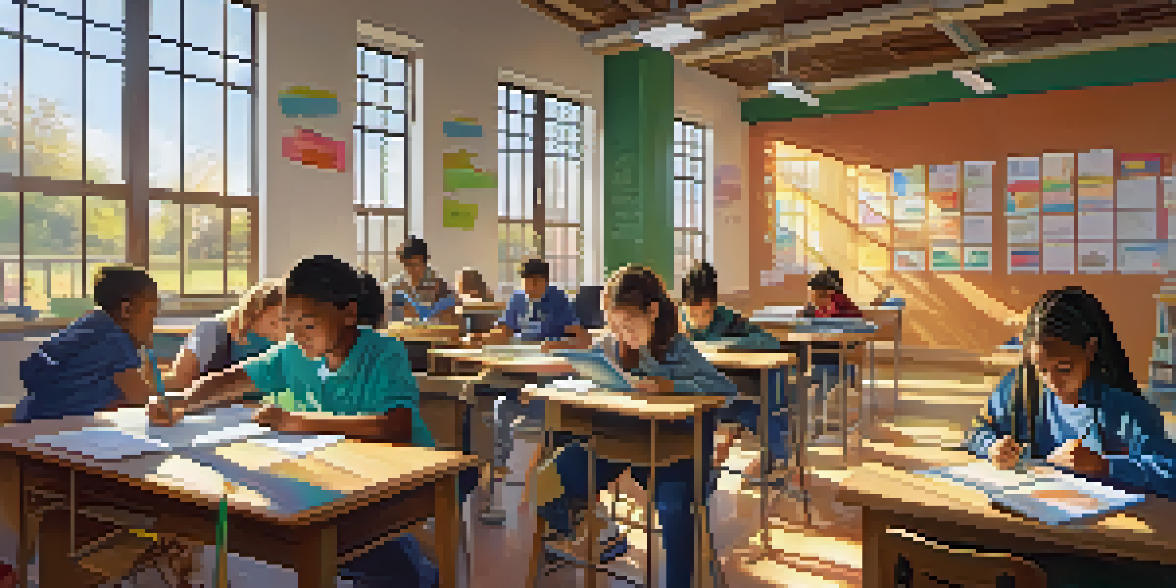 A lively classroom with diverse students using tablets and collaborating on projects, illuminated by sunlight.