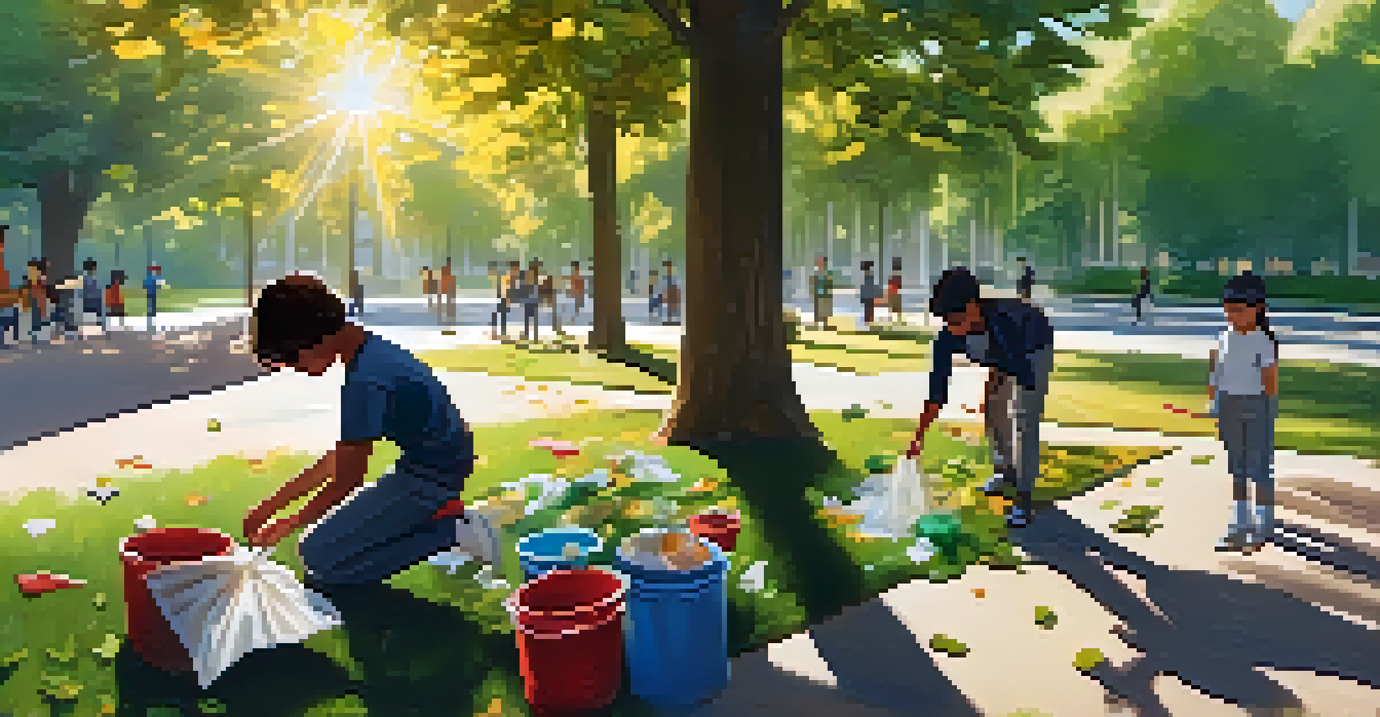 Students engaged in a waste management project outdoors, collecting recyclable materials in a sunny park.