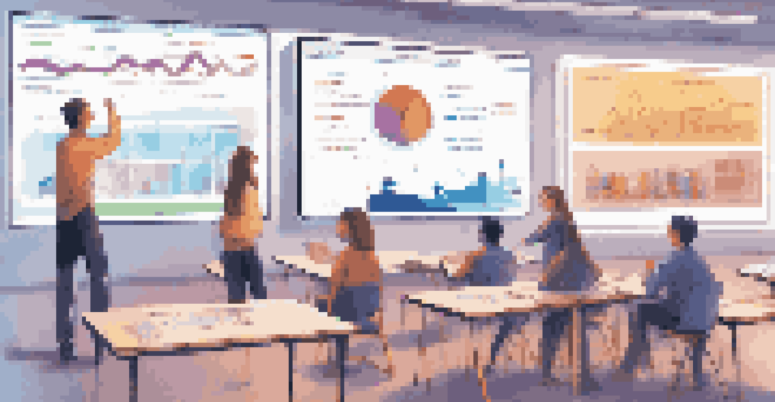 A teacher using AI-powered analytics to assess student performance in a modern classroom filled with engaging activities.