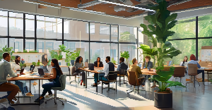 A diverse group of individuals engaged in a collaborative discussion in a bright, modern workspace.