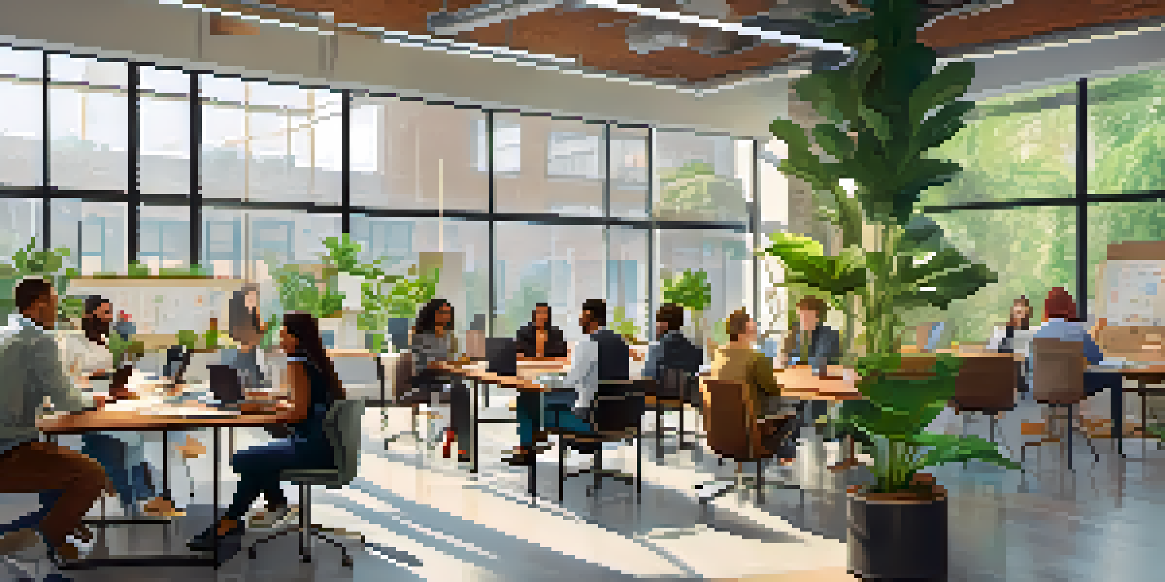 A diverse group of individuals engaged in a collaborative discussion in a bright, modern workspace.
