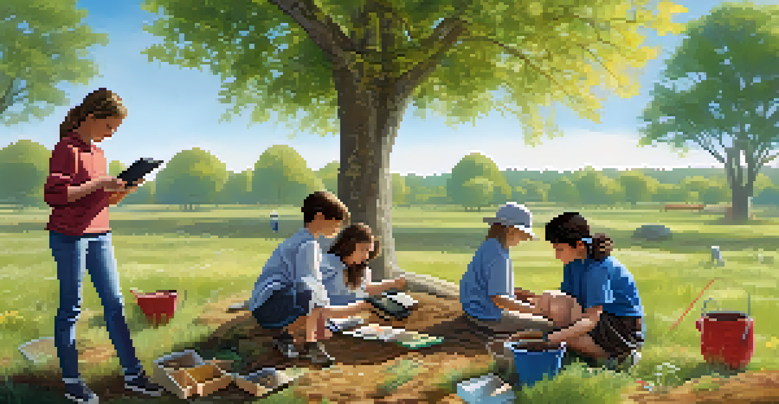 Students conducting an outdoor environmental science project, using tablets and measuring tools, surrounded by nature.