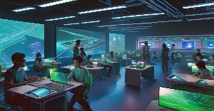A colorful virtual reality classroom with diverse students learning coding through immersive technology and holographic displays.