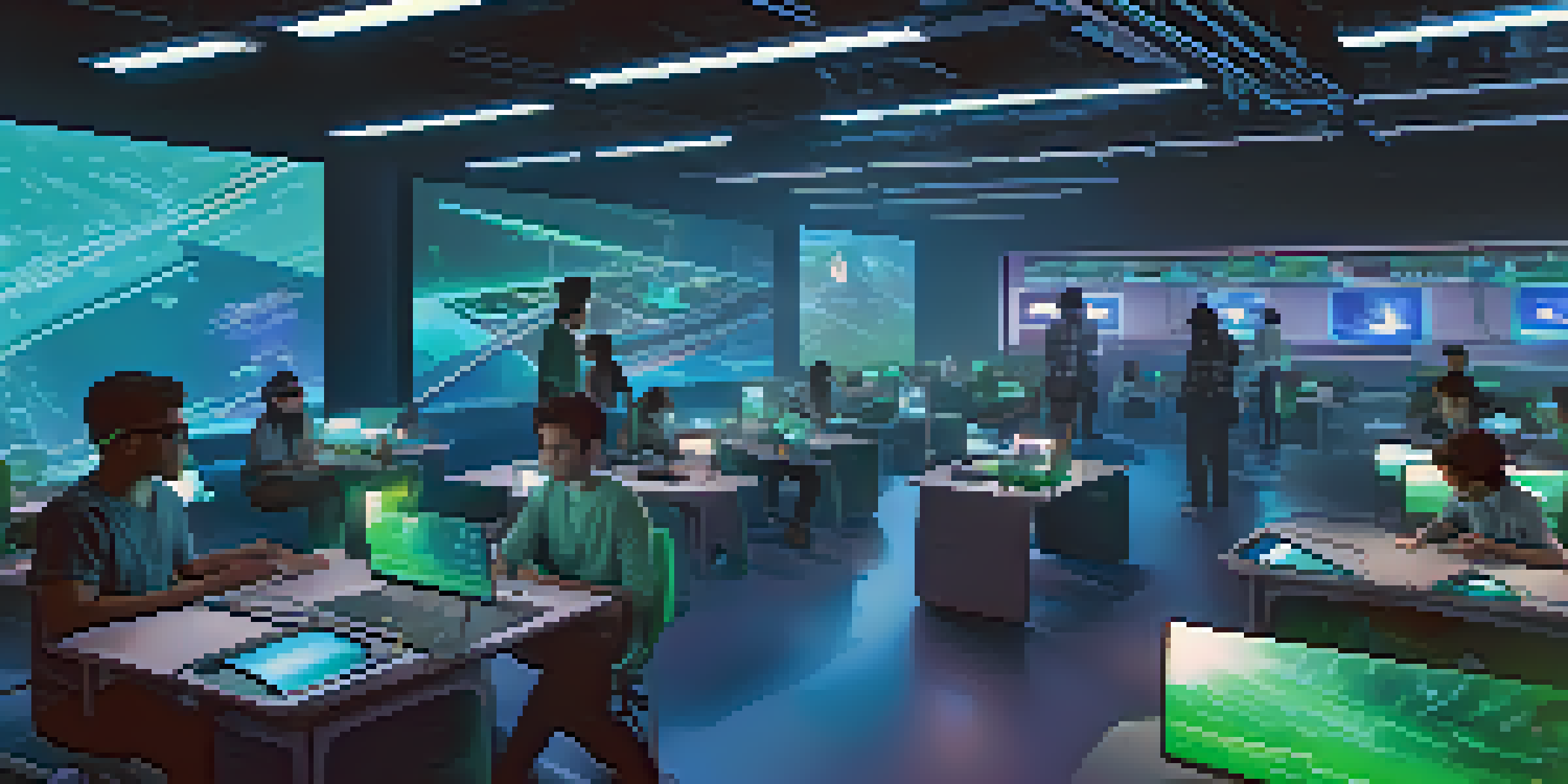 A colorful virtual reality classroom with diverse students learning coding through immersive technology and holographic displays.
