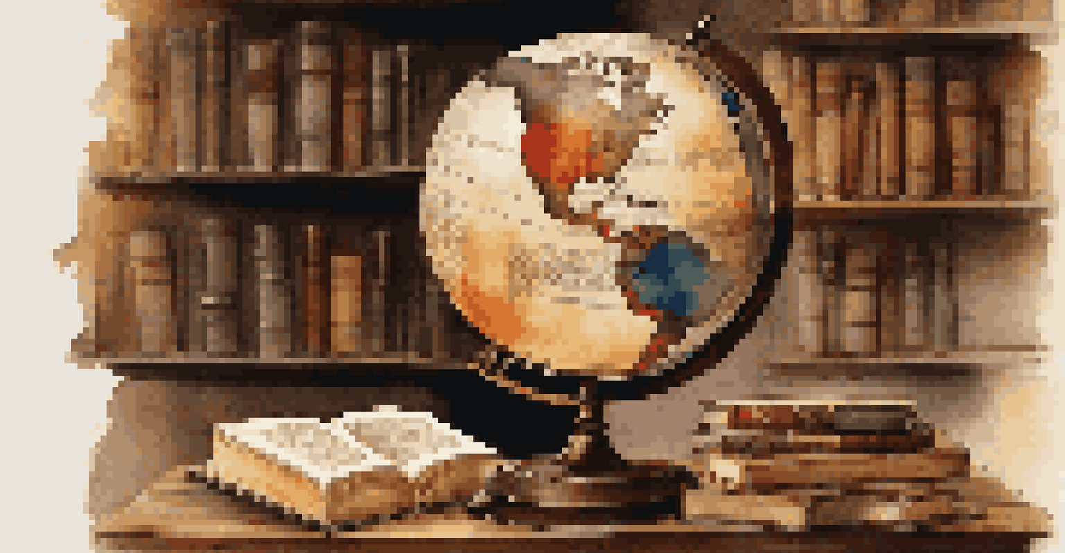 A globe made of culturally diverse books on a wooden table, surrounded by artifacts from different cultures.