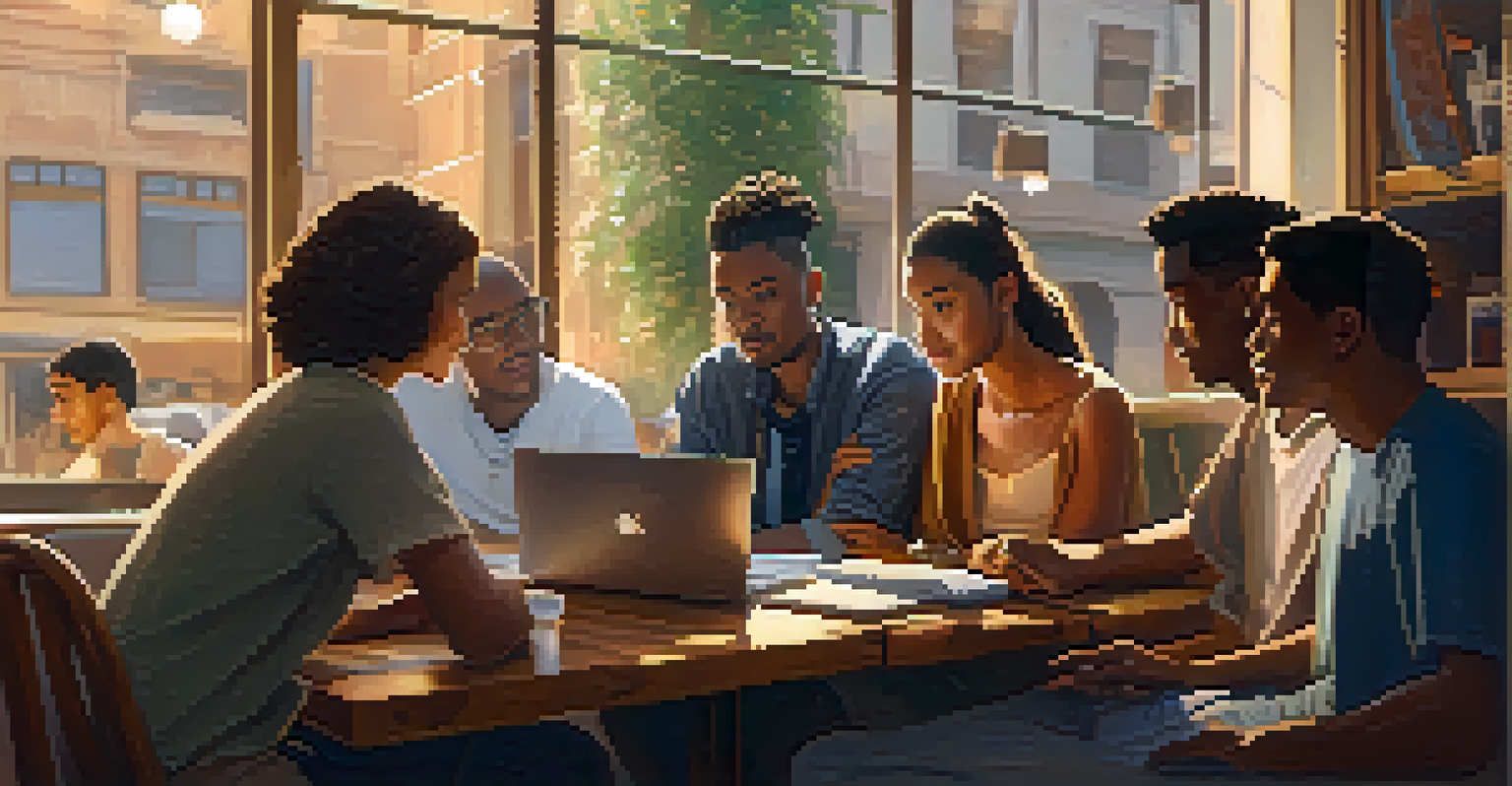 A cozy coffee shop study group with students discussing and sharing ideas over coffee.